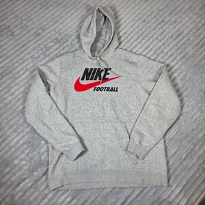 Y2K Nike Football Hoodie Mens Large Gray Red Swoosh Pullover Fleece Sweatshirt L